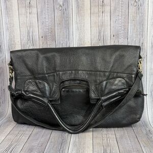 VTG Anna Corinna Black Leather Mid City Large Fold Over Tote Satchel